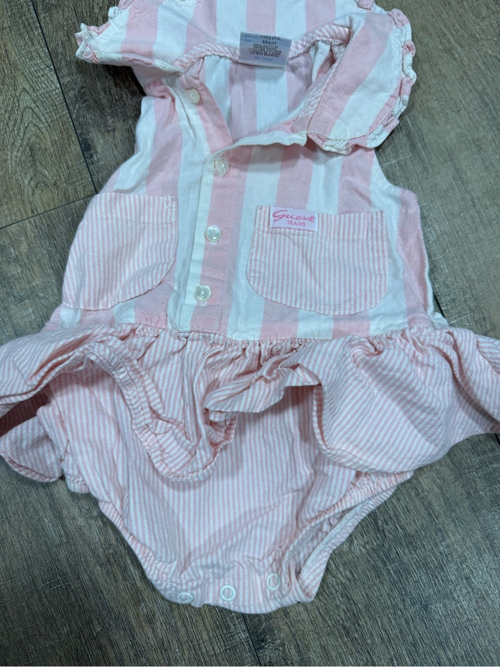 Guess Pink & White Striped Ruffle Romper